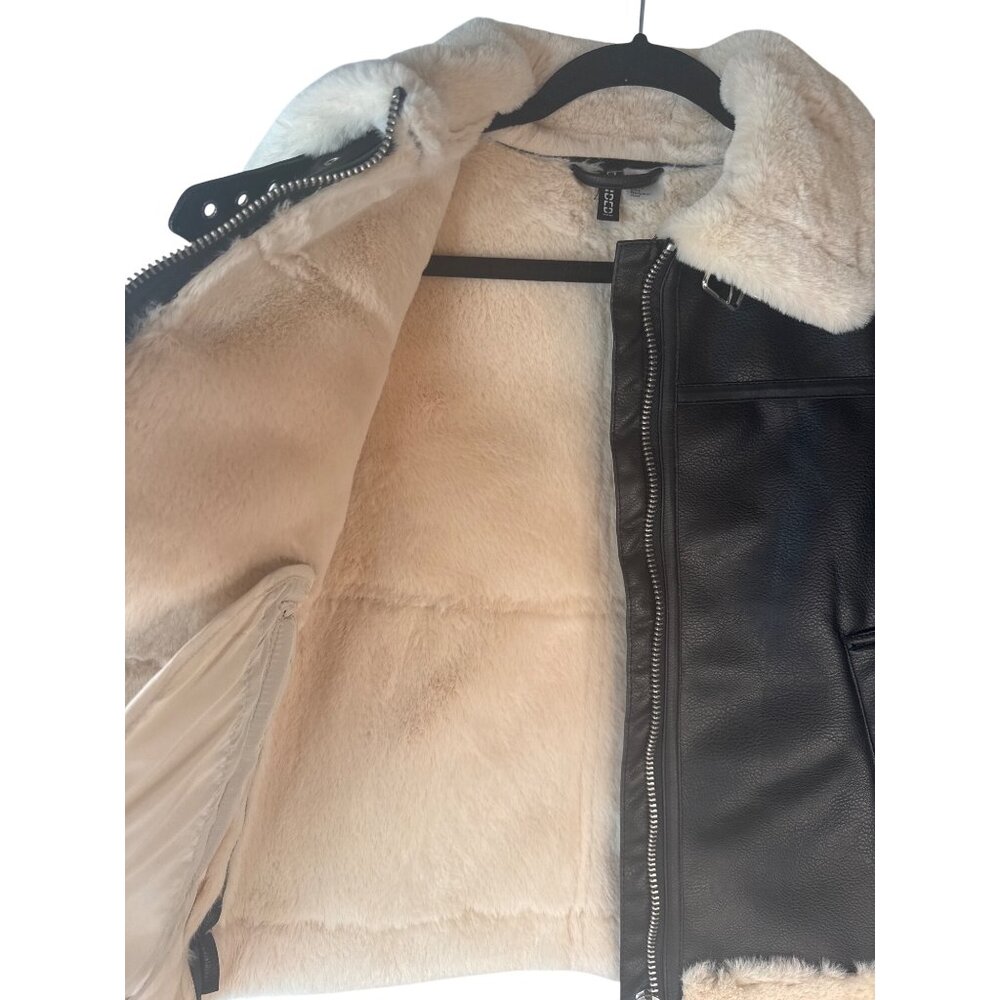 H&M Womens XS Black Faux Leather & Cream Faux Fur Trim Jacket - Picture 13 of 15